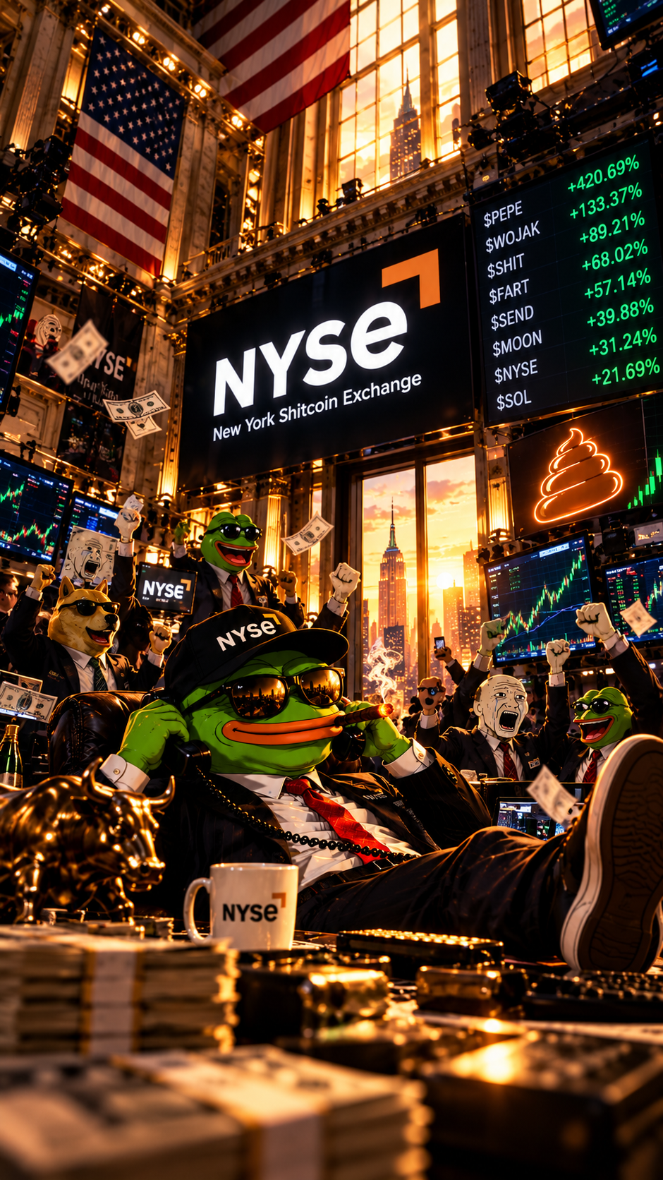 Chaotic NYSE trading floor meme scene