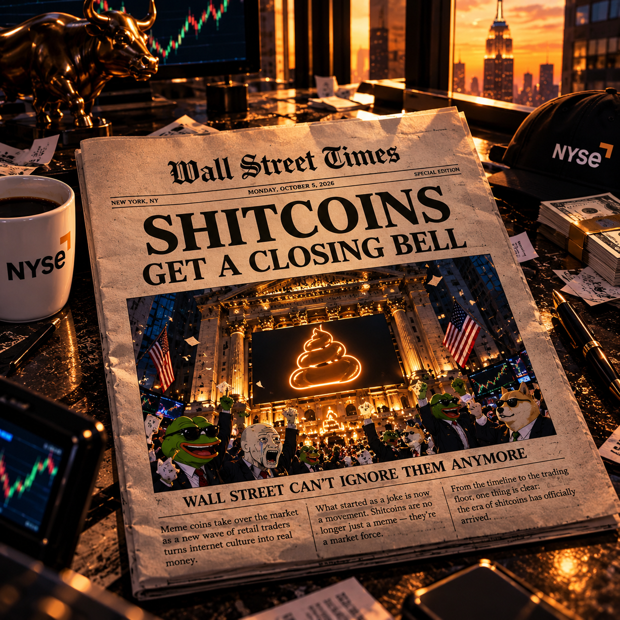 NYSE newspaper meme scene