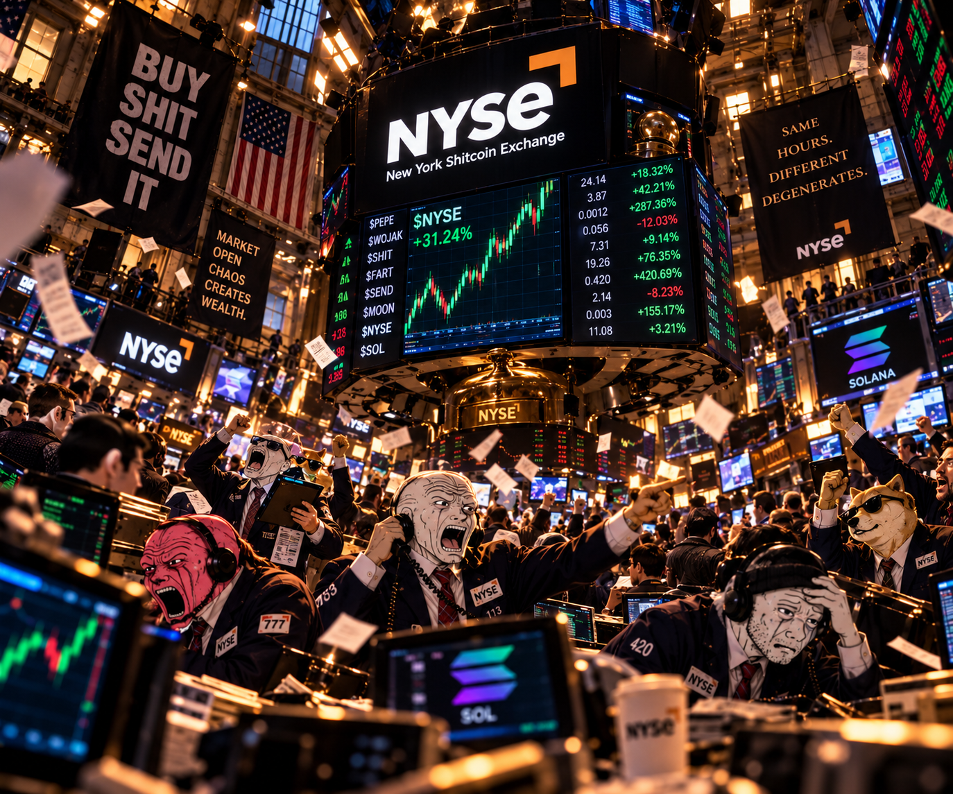NYSE trading floor with crypto market screens